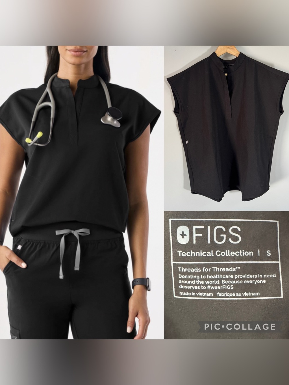 FIGS Rafaela Technical Collection Scrub Top Small Black 3182 Oversized 3 Pocket